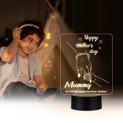 Happy Mothers Day 3D Illusion Night Lamp with Warm White Light & USB Powered | Mom Hand Holding Design Emotional Gift for Mom from Daughter & Son